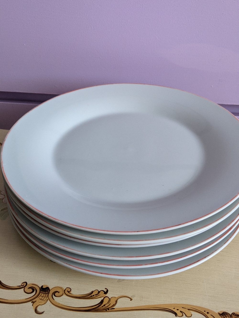 White Large Dinner Plates with Pink Rim - Set of 6